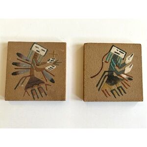 Vintage Set of 2 Native American Kachina Sand Art Sandstone Painted Coasters